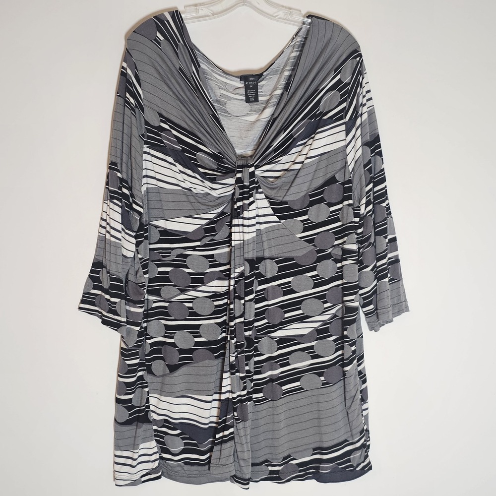 Ellos Dress Womens 3X Gray Black White Strech Geometric Tunic Comfy Soft V Neck